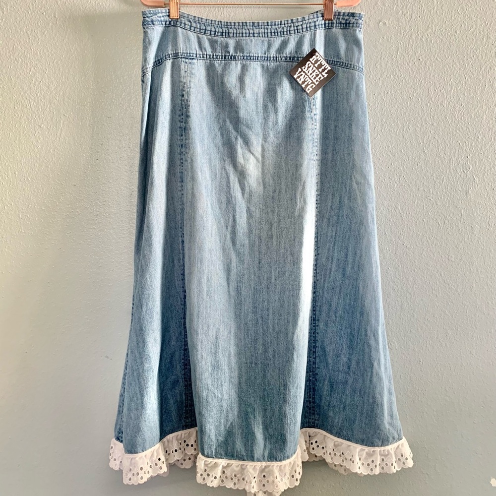 Cottagecore denim maxi skirt with lace detail on hem